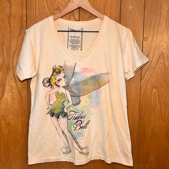 Disney Store Tinkerbell Womens Large White V-Neck Short Sleeve Graphic Top - Picture 1 of 6